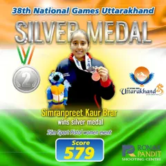 A fantastic silver medal for Simranpreet Kaur Brar in the 25m Sport Pistol event at the 38th National Games in Uttarakhand. After topping the qualification round, she fought hard in a close final, demonstrating her competitive spirit.