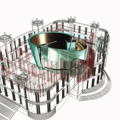 A digital wireframe model showing our proposal for Minto Hall. This drawing reveals the new structural grid and the free-flowing form of the central auditorium, designed as a "building within a building" to preserve the historic shell.