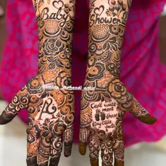 Celebrating a new arrival with a special baby shower mehendi. I can personalize your design with sweet messages like 'Baby Shower' and 'Can't wait to meet these tiny little feet', along with tiny footprints and the baby's initials.