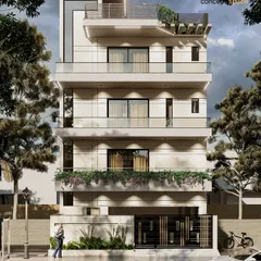 A full frontal view of a modern residential building we designed. The facade emphasizes verticality and clean lines, with large windows and balconies that feature planters to integrate nature into the structure.