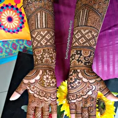 This Indian bridal design is so rich and detailed. I focused on creating different bands of patterns up the arm, from geometric grids to delicate floral vines, all leading to a beautiful design on the palm.