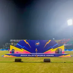 This is the main presentation stage we designed and built for the Road Safety World Series. Our work included creating a visually striking backdrop and a professional setup for post-match ceremonies and interviews.