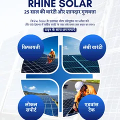 I stand behind our promise of quality with a 25-year warranty. This poster, in Hindi, shows our dedicated teams at work, installing durable solar solutions across the country. We offer not just advanced technology and affordable panels, but also reliable local support, ensuring you have peace of mind for decades. Rhine ke saath jagmagaiye.