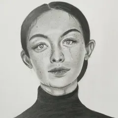 A stunning student portrait done with pencils, showcasing subtle shading to capture freckles and the emotion in the subject's eyes.