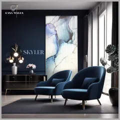 In this deep blue room, our "Skyler" wall panel acts as a stunning focal point, with an abstract, ink-wash design set against vertical lines. It demonstrates how a single wall installation can define the mood and color palette of an entire space.