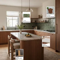 This kitchen design achieves a warm, earthy vibe. It features wooden plank flooring, faux subway tiles for the backsplash, and a beautiful marble-look quartz countertop on the island, all tied together with rich wooden laminates.