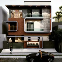 This architectural visualization shows a proposed residence in Hubli designed for a family of six. The facade plays with curved forms, wood textures, and intricate CNC panels to create a dynamic and contemporary home design on a 2000 sq. ft. plot.