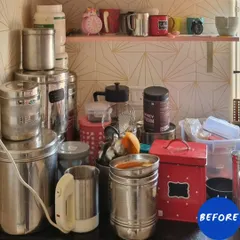 Before, this kitchen counter was cluttered and unusable. By using shelf risers to optimize vertical height, we created a clean, organized coffee and tea station.