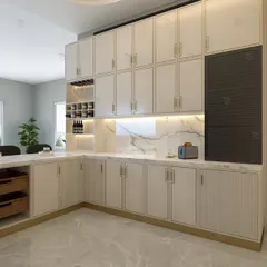 This angle showcases the extensive storage solutions, including overhead cabinets and a dedicated space for the oven, all finished with elegant gold PU grooving.