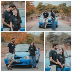 A casual and fun shoot with a convertible car. The couple's matching t-shirts and relaxed poses show their comfortable and playful dynamic.