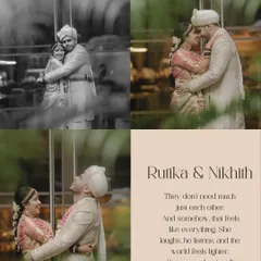 A collage celebrating a couple's connection. It combines color and black and white photos to show their laughter, their embrace, and the simple truth that they just fit.