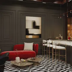 This intimate home bar setup combines dark, paneled walls with a striking black-and-white chevron floor. A pop of color is introduced with a red chaise lounge, creating a chic and inviting corner for cocktails and conversation.