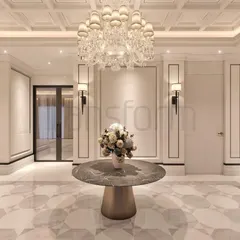 An analysis of a well-designed foyer. The two-tiered chandelier, coffered ceiling, and patterned marble flooring work in harmony. I used dark metal trims to add contrast and definition to the pastel space.