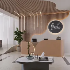 First impressions matter. For the Orris project, we designed a reception area that blends organic curves and natural materials. The flowing wooden ceiling slats and custom-designed desk create a memorable and luxurious entry experience for visitors.