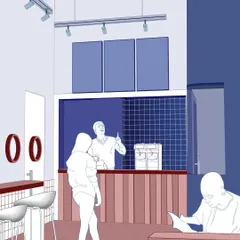 A conceptual illustration for the 'Flip N Fold' diner shows our initial vision for the counter area. These drawings help us and the client visualize the atmosphere, scale, and color scheme before the design is finalized.