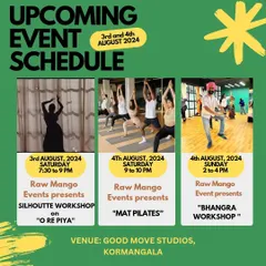 We've got something for every mood. This weekend schedule shows our variety, from a graceful silhouette dance workshop to a strengthening Mat Pilates session and a high-energy Bhangra class. Your vibe, your workout.
