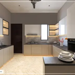 A wider view of the Sonipat kitchen concept, illustrating the U-shaped layout, integrated oven, and ample counter space designed for practical, everyday use.