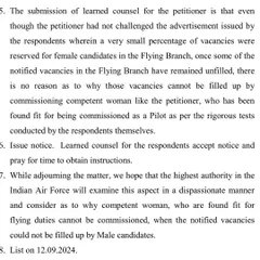 This is an excerpt from the Delhi High Court's order in the Air Force gender equality case. The court's observation, hoping the highest authorities would dispassionately examine why competent women cannot be commissioned for vacant flying roles, was a significant moment in our pursuit of justice for our client.