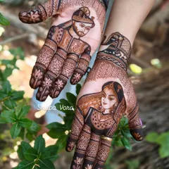 Your love story, drawn in henna. This is a custom portrait mehndi I created for a bride, featuring a detailed depiction of her and her partner. I love personalizing designs to make them uniquely yours.