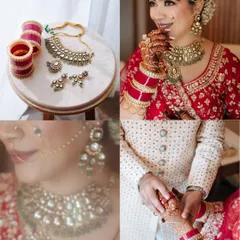 A collage of bridal details, including her Polki jewelry, red chooda, and a tender moment of the couple holding hands.