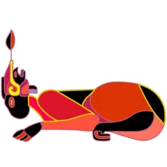 A creature from the series, a reclining figure with horns and hooves, symbolizing a deity that pushes life from the soil rather than ruling from the sky.
