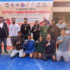 The Gurugram team, including many of our students, after a successful campaign at the Haryana Sambo State Championship. We are proud to build champions who represent our state.