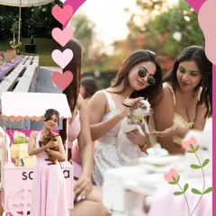 A collage from the puppy picnic, showcasing the happy guests, the adorable puppies, and the stylish pink and white decor.