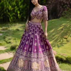 Royal in purple. A full-length shot of this gorgeous lehenga, with the makeup and hair designed to create a regal and cohesive look.