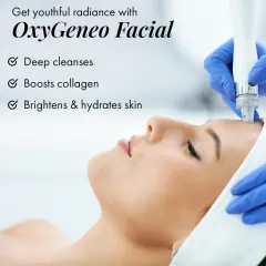 The OxyGeneo Facial is my go-to for achieving youthful radiance with no downtime. This treatment, shown here, provides deep cleansing, boosts natural collagen production, and simultaneously brightens and hydrates the skin for an immediate glow.