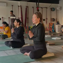 A moment of shared stillness and intention at the start of class. Yoga unites body, mind, and soul, and practicing in a group amplifies this sense of connection and inner peace.
