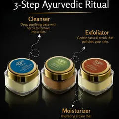 The 3-Step Ayurvedic Ritual in my Mini Facial Kit includes a Cleanser to purify, an Exfoliator to polish, and a Moisturizer to restore softness and glow.