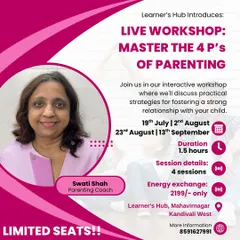 This is my live workshop designed just for mothers, "Master the 4 P's of Parenting." In four interactive, face-to-face sessions, we discuss practical strategies for building a strong relationship with your child in a comfortable Hinglish environment.