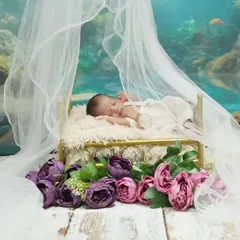 A sleeping beauty on a miniature bed, draped with a delicate canopy and surrounded by flowers. This is a classic and dreamy newborn setup that I love creating.