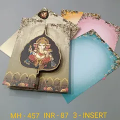 A unique gate-fold invitation featuring a pop-up Ganesha on a peepal leaf. This creative and auspicious design comes with four colorful inserts for your various wedding functions.