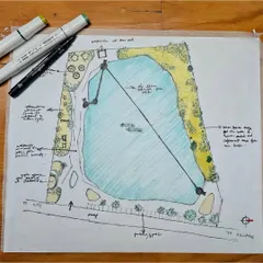 This sketch details the functional zoning of the lakefront project. It clearly marks out areas for public gatherings, quiet walking paths for families, and structures for amenities, ensuring the space is both beautiful and practical.