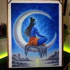 The completed oil painting of Mahadev seated on the moon, set against a starry night sky. This piece is all about capturing a sense of peace and cosmic energy.