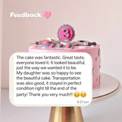A wonderful review for the doctor-themed cake, where the client shared that her daughter was so happy and the cake tasted fantastic. It's important to me that my cakes are both beautiful and delicious.