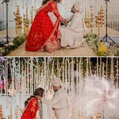 A collage of the Varmala ceremony. From the bride helping the groom to the final exchange amidst sparklers, I capture the entire sequence of this joyful ritual.