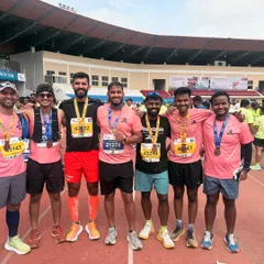 That feeling of crossing the finish line with your team is unbeatable. Here's our crew celebrating with their hard-earned medals after the NMDC Hyderabad Marathon.