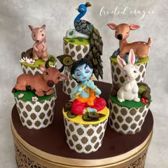 This set of Krishna-themed cupcake toppers won "Best In Show" at the India Bake Show. Each piece, from Krishna to the little animals, is completely handmade and tells a small story.