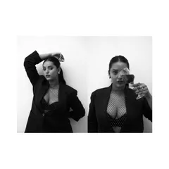 This black and white diptych shows two distinct poses from a fashion shoot, one powerful and one playful. It demonstrates the range of expression I aim to capture.