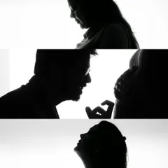 An artistic collage of black and white silhouette shots taken indoors. These high-contrast images are dramatic and focus on the beautiful shapes and forms of pregnancy.