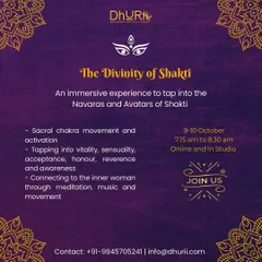 This poster for "The Divinity of Shakti" invites you to an immersive experience tapping into the Navaras and Avatars of Shakti. We will connect to the inner woman through sacral chakra movement, meditation, and music, honoring our vitality and sensuality.
