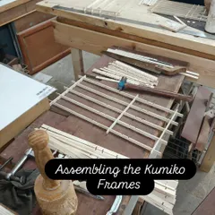 Assembling the Kumiko frames by hand. The half-lap joints allow the thin strips of wood to fit together snugly, forming a perfect grid without any nails or screws.