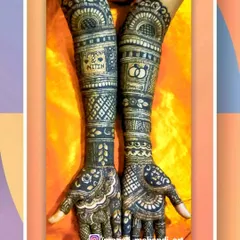 This engagement mehandi features the couple's names, 'Aparna & Nitin', in a heart on one arm, and a symbol of two rings on the other. The design is filled with detailed geometric and traditional patterns.