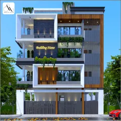 We design multi-story residential elevations that incorporate significant green elements. This 3D render shows how we use balcony gardens and facade planters to soften the structure and promote a connection with nature in an urban setting.