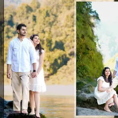 A peaceful moment by the river in Rishikesh. The couple's simple white outfits and bare feet connect them to the natural, serene environment.