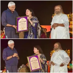 A cherished moment receiving the 'Kala Srijak' award from the Honorable Minister Shri Gajendra Singh Shekhawat, in the presence of Gurudev Sri Sri Ravi Shankar ji.