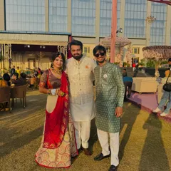 Our team on-site at a beautiful Haldi ceremony. We were there to coordinate the dance performances and make sure the event ran smoothly. Here we are with the happy couple.