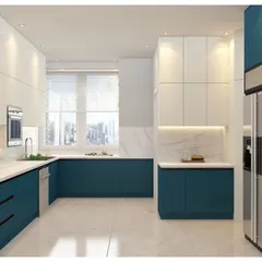 This 3D render showcases a dual-tone kitchen in teal and white. Visualizing the space in 3D allows us to experiment with bold color choices and ensure they work harmoniously in the final design.